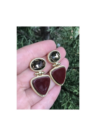 Yeni Sezon Bordo Kristal Detaylı Küpe