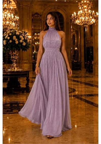 Neşeli Butik Kadın Lila Halter Yaka Janjan Kumaş Premium Abiye Elbise Nbmy4128