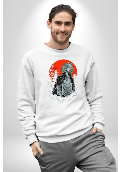 Tokyo Revengers Mikey Red Moon Unisex Beyaz Sweatshirt Beyaz