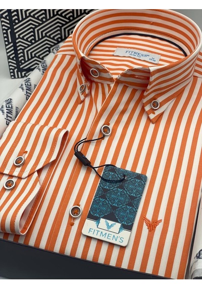 Slim Fit Uzun Kol Likralı Çizgili Yaka Düğmeli Hediye Kutulu Erkek Gömlek Fs-003669 - Turuncu-2433