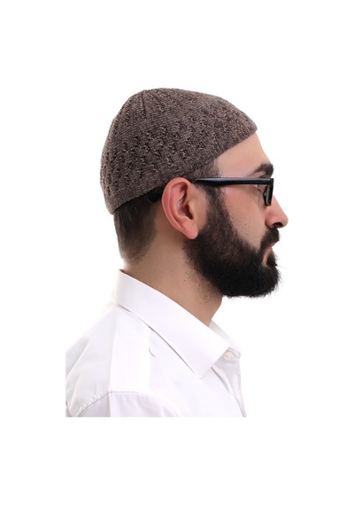 Sütlü Kahve Hasır Desen Kışlık Kadife Namaz Takkesi Kahverengi