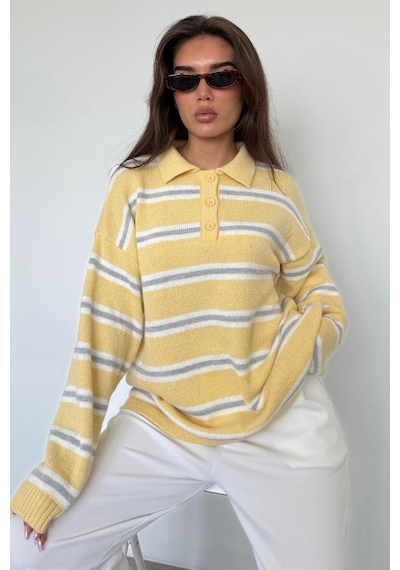 Madmext Sarı Polo Yaka Çizgili Kadın Triko Kazak Mg2469 Sarı