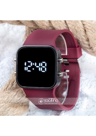 Bordo Silikon Kordonlu Çelik Kasa Unisex Model Dijital Saat St-303618