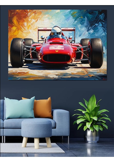 Ahşap Tablo Yarış Pistinde Kırmızı Formula Arabası