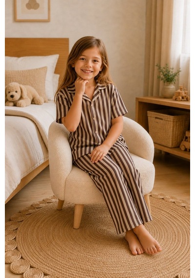 Kız Çocuk Çizgili Gecelik Kahve Pijama Takımı