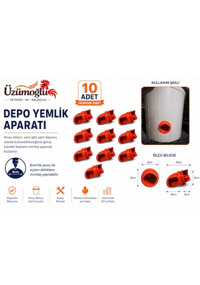 10 Adet Depo Yemlik Aparatı Kova, Bidon Ve Varil Uyumlu Tavuk, Civciv, Bıldırcın Ve Kanatlı Yemlik Aparatı