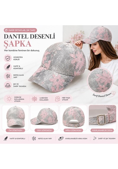 Valkyrie Kadın Dantel Desenli Şapka Çiçek Desenli Baseball Cap Ayarlanabilir Güneş Koruyucu Şapka Pembe