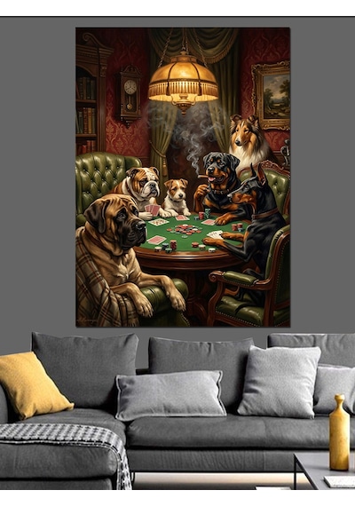 Bilardo Oynayan Köpekler Ve Kedi Dekoratif Kanvas - Mdf Ahşap Tablo