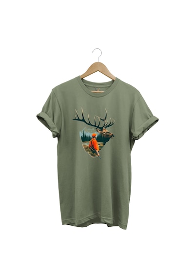 Doğa Avcılık Geyik Ve Avcı Tema Baskılı %100 Pamuk Haki T-shirt Haki