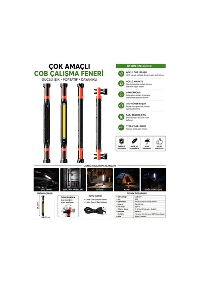 40w Cob Led Şarjlı Çalışma Lambası Mıknatıslı Askılı Type-c Gs2080 Evimdeyokyok Çok Renkli