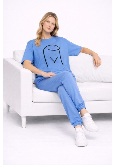 Sevgili Kombini Çift Tişört Oversize Unisex Matching Couple Minim Mavi