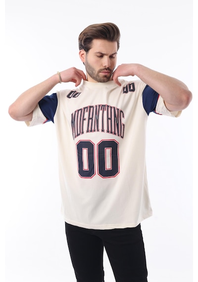 Madmext Ekru Baskılı Pamuklu Oversize Erkek T-shirt 7035 Ekru