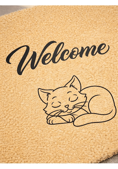 Beylini Kedi Desen Welcome Koko Paspas Ev Dış Kapı Tpr Kaymaz Taban Modern Dayanıklı Su Geçirmez Bej 70x45cm