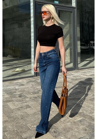 Madmext Lacivert Yüksek Bel Likralı Taşlı Kadın Jean Pantolon Mg2271 Lacivert