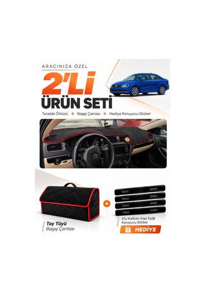 E-biz Volkswagen Jetta 2010-2018 Uyumlu Torpido Örtüsü + Tay Tüyü Çanta - Siyah-kırmızı - Vw013