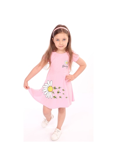 Toontoy Kız Çocuk Göğsü Ve Etek Kısmı Daisy Yazılı Arı Baskılı Elbise Pembe
