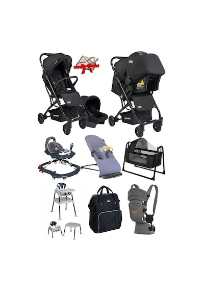 Tommybaby 10 Parça Bebek Çeyiz Seti Kabin Travel Bebek Arabası Puset Beşik Yürüteç Mama Sandalyesi Ana Kucağı Kanguru Bebek Bakım Çantası Gri