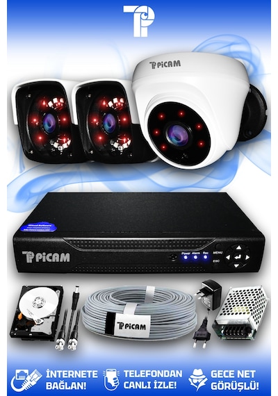 Picam 3 Kameralı Panda 1 İç Kamera Set 1 TB HDD Full HD Gece Görüşlü Güvenlik Kamerası Sistemi