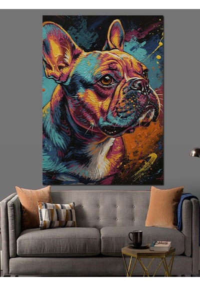 Ahşap Tablo Renkli Fransız Bulldog Portresi