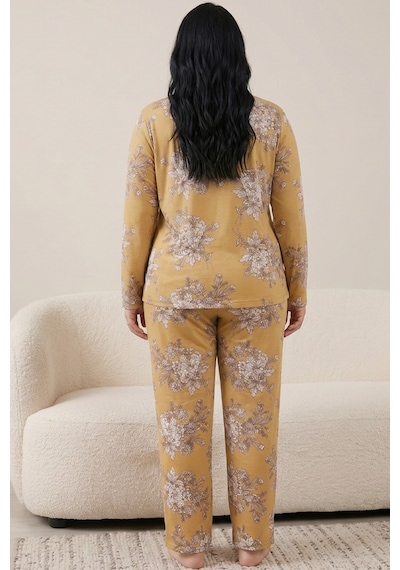Siyah İnci Pamuklu Likralı Büyük Beden Battal Boy Örme Pijama Takım26240949 Hardal