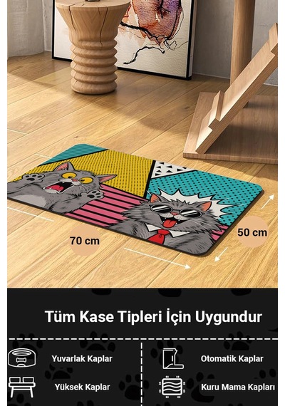 Matgo Pati Kedi Köpek Beslenme Matı 50x70cm Su Geçirmez Mama Kabı Altlığı Paspası Kedi Pop Art