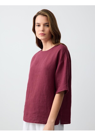 Jimmy Key Bordo %100 Keten Rahat Kesim Kısa Kollu Bisiklet Yaka Bluz 5sw032574562