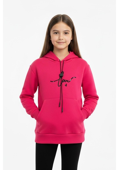 Kapşonlu Love Baskılı Kanguru Cepli Kız Çocuk Sweatshirt-90857 Fuşya