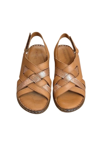 Taba Hakiki Deri Çapraz Bantlı Puf Taban Hafif Comfort Sandalet Taba