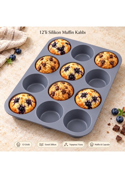 Tr 12'li Silikon Muffin Kalıbı Gri Cupcake Mini Kek Browni Kurabiye Tatlı Pişirme Tepsisi Esnek Tek Parça Yuvarlak Genel