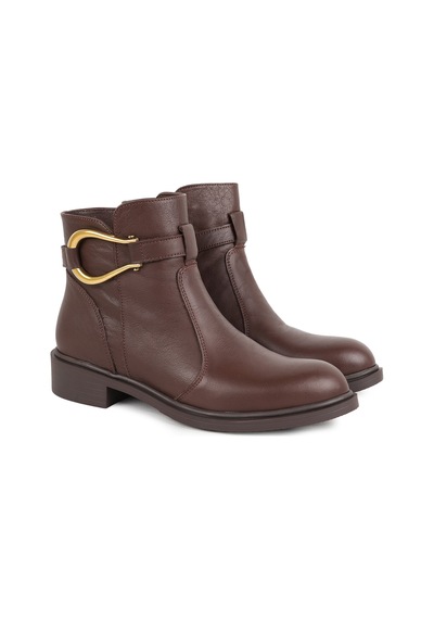 Mamma Mia Mammamia Kadın Bot 26k-8595 Kahverengi Hakiki Deri Bilek Kemerli Gold Metal Toka Detaylı Yan Fermuarlı Rahat Alçak Blok Topuk Kışlık Comfort Bootie Kahve