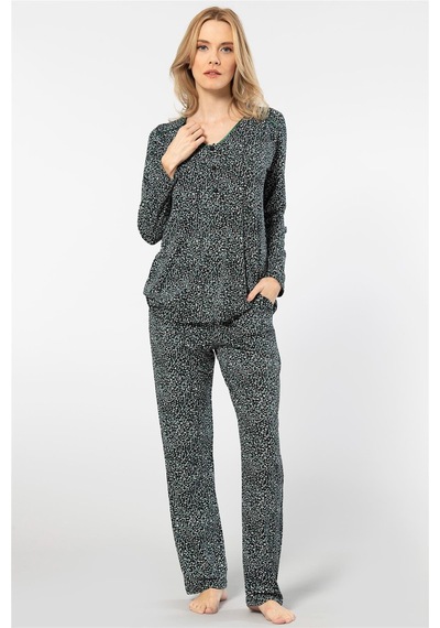 Türen 3382 Kadın Çiçekli Uzun Kollu Patlı Pijama Takımı-yeşil YESIL