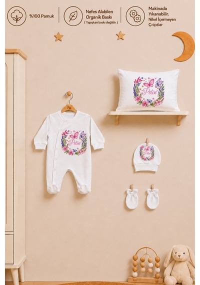 Pia Baby Kız Bebek Hastane Çıkışı 5 Parça Tulum Seti %100 Pamuk İsme Özel Organik Baskılı 2088tybyx Ekru