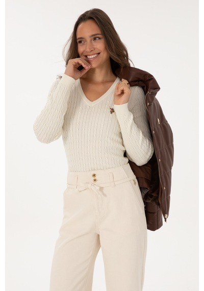 U.S. Polo Assn. Kadın Beyaz V Yaka Basic Kazak 50307700-VR256