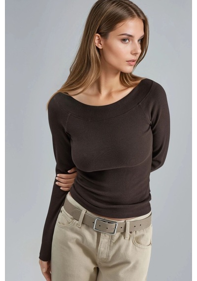 Hiccup Busem Slim Fit Fitilli Kayık Yaka Bluz Kahve Kahvesi