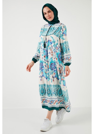 Lela Modest Desenli Regular Fit Bağlamalı V Yaka Maxi Bayan Elbise 611El510 Yeşil