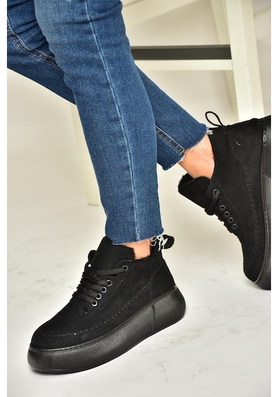 Fox Shoes T811845302 Siyah Süet Kalın Tabanlı Kadın Ayakkabı Siyah-süet Siyah