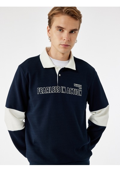 Koton Pamuklu Regular Fit Renk Bloklu Düğmeli Baskılı Polo Yaka Sweatshirt Lacivert 7wam70046mk