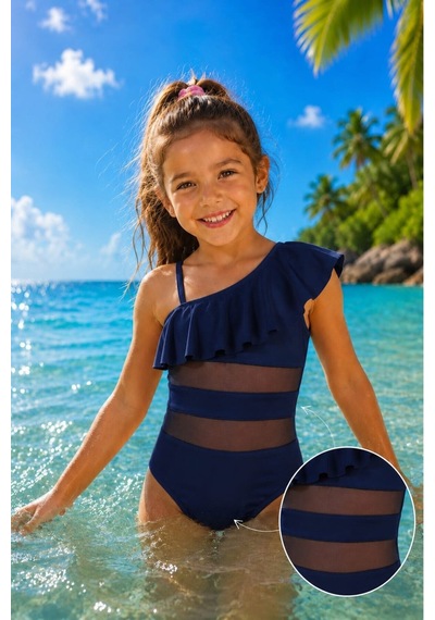 My Kids Wear Kız Çocuk Fırfır Ve Tül Detaylı Tek Parça Mayo. 12838 Lacivert