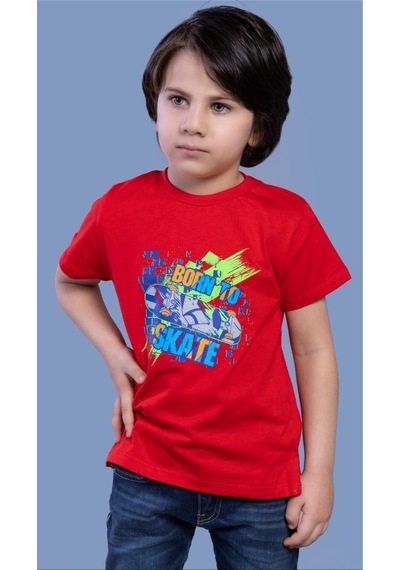 Toontoy Kids Toontoy Erkek Çocuk Baskılı Bisiklet Yaka Kısa Kollu Tişört Kırmızı