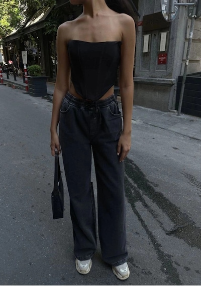 Freedom Storee Kadın Arkadan Yırtmaçlı Jeans Kot Palazzo Pantolon - Siyah Çok Renkli