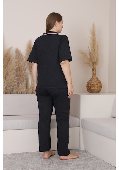 SUDE HOMEWEAR Kadın Füme Büyük Beden Kısa Kol Pijama Takımı Siyah