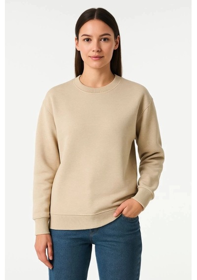 Valensdesign Üç İplik Düz Bisiklet Yaka Sweatshirt - Bej