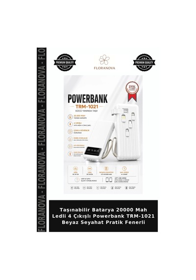 Taşınabilir Batarya 20000 Mah Ledli 4 Çıkışlı Powerbank Trm-1021 Beyaz Seyahat Pratik Fenerli Çok Renkli