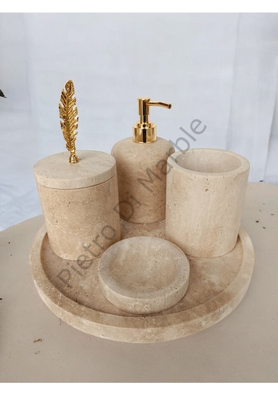 Sarı Traverten Klasik Model 5 Parça Gold Renk Kuş Tüyü Aksesuarlı Banyo Seti Sarı Traverten