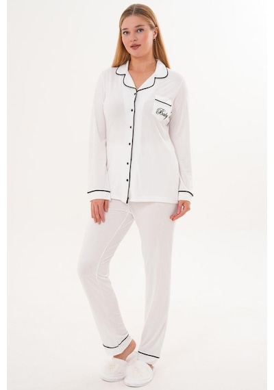 Mecit Pijama Mecit 6307 Ekru Boydan Düğmeli Kadın Pijama Takımı Ekru