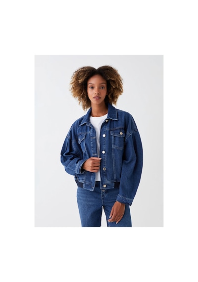 LC Waikiki Lcw Vision İndigo Gömlek Yaka Oversize Kadın Jean Ceket Orta İndigo Rodeo