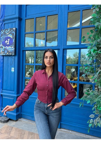 WeShaya Bordo Pamuk Polyester Parçalı Gömlek Bordo