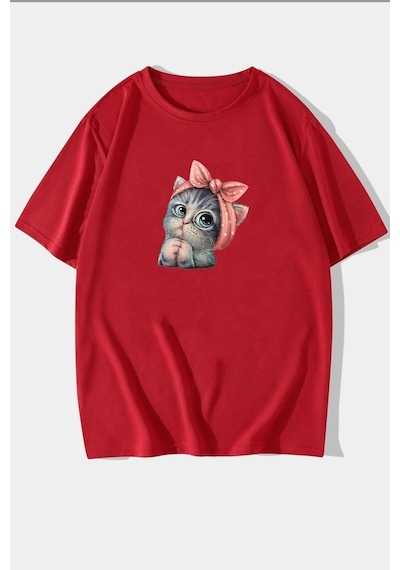Unisex Sevimli Kedi Tasarım Kısa Kol T-shirt Kırmızı