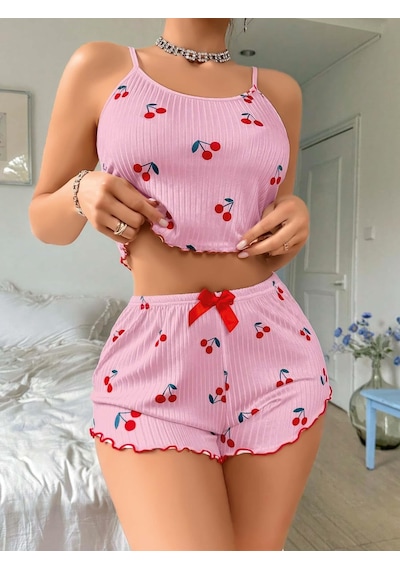 Motto10 Butik Kadın Pembe Kiraz Desenli Askılı Şortlu Pijama Takım 5044