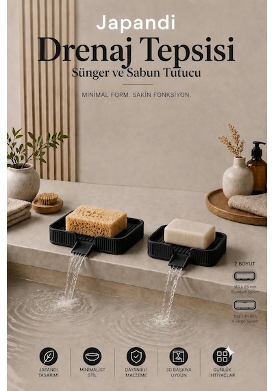 Ognami Japon Minimalist Drenaj Tepsisi Su Tahliyeli Banyo & Mutfak Düzenleyici - Siyah